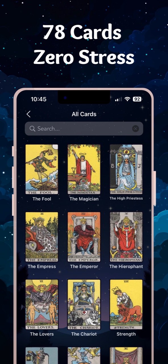Witch app screenshot, browsing all 78 cards